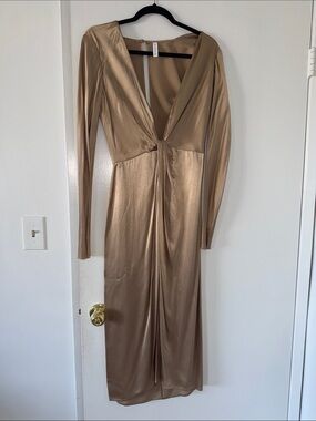 Long Sleeve Metallic Gold Twist-Front Midi Dress